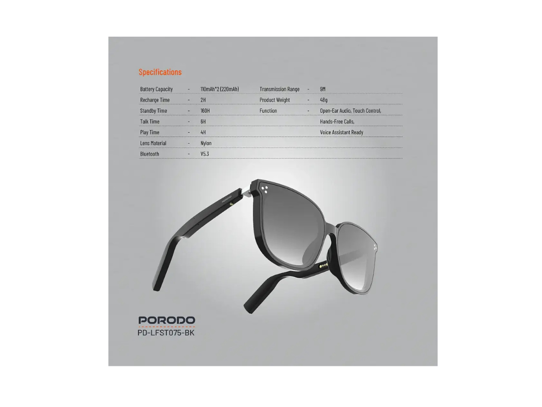 Porodo Polarized Sunglasses with Bluetooth Speaker – Black Porodo Polarized Sunglasses with Bluetooth Speaker – Black